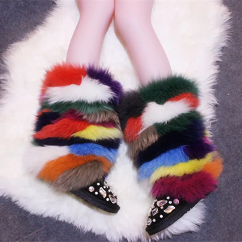 

Fox Fur Flange Leisure Shoes Women Christmas Small Heels Ankle Falts Colour Rhinestone Genuine Leather Plush Design Boot Women