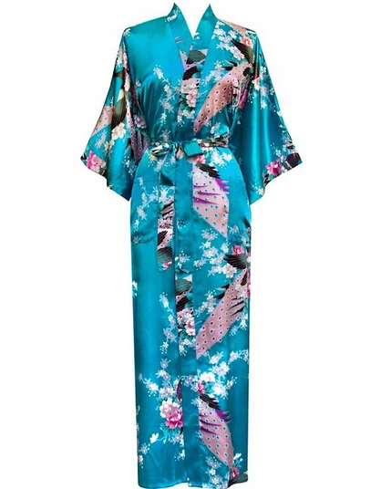 Зеленое модное женское длинное кимоно Павлин банный халат ночная сорочка халат юката Пижама с поясом S M L XL XXL XXXL - Цвет: lake blue