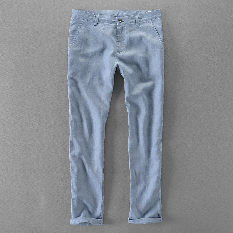 Summer Mens 100% Linen Casual Pants Cool Thin Breathable Trousers Straight Business Cargo