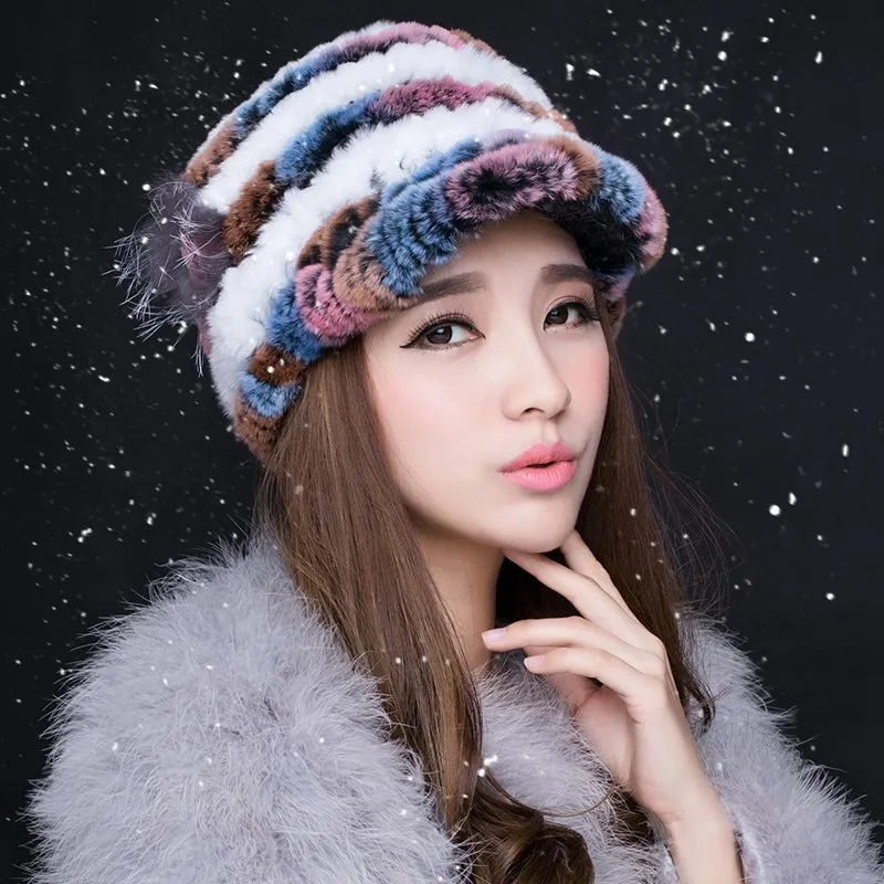 

(TopFurMall) Multi-Color Women's Real Knitted Rex Rabbit Fur Visor Hats Female Winter Warm Caps Fashion Headgear VK3021