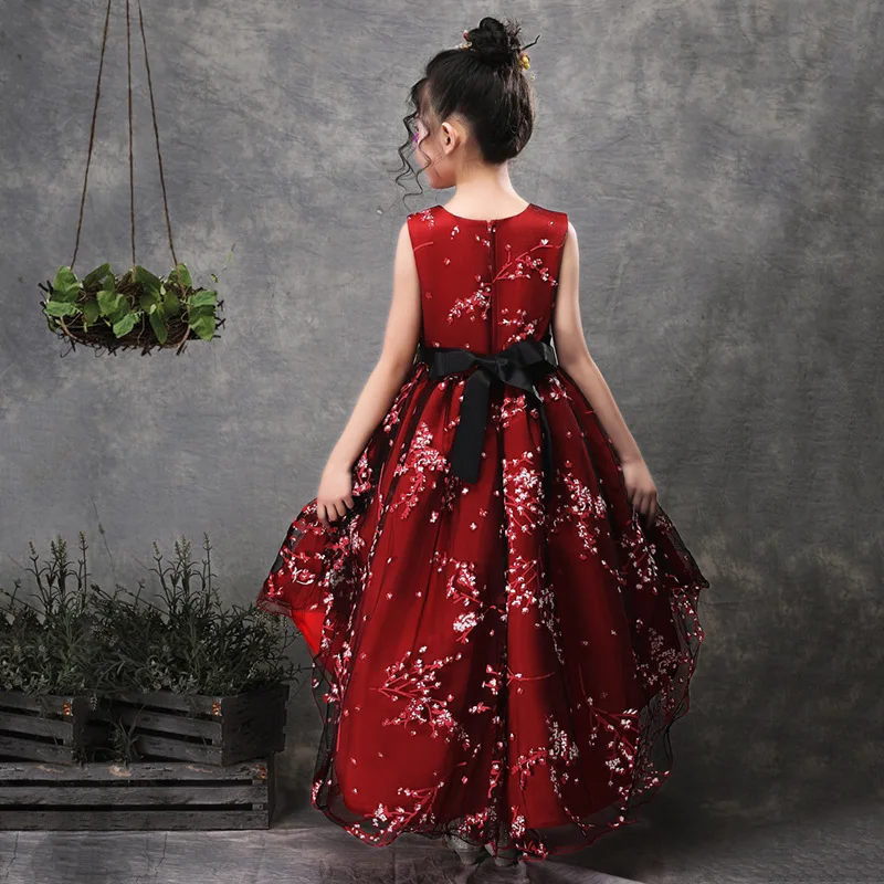 Костюмы со шлейфом, с цветочным рисунком, с бантом, красное платье для девочек, ручная работа, с цветами, для свадебного торжества, элегантные вечерние платья-пачки принцессы, детское платье, K1-2153