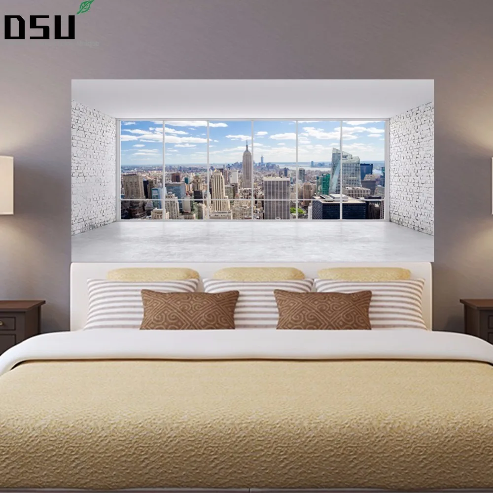 

New York Manhattan City Landscape Headboard Wall Stickers Mural PVC Waterproof Wall Decals Home Bedroom Bedside Decorative