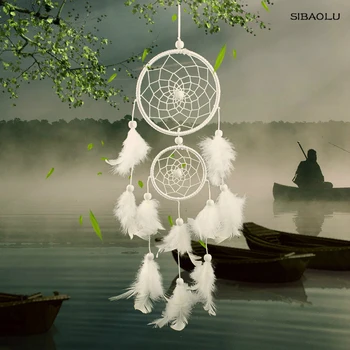 

2018 white dream catcher decor new 2 circle white feather for Wall Car Decoration gift