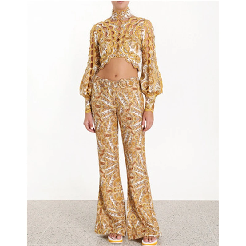 

Vintage Short Style Print Hollow Out Shirt Women Stand Collar Lantern Sleeve Crop Top Blouse Female Sexy Fashion Summer New 2019