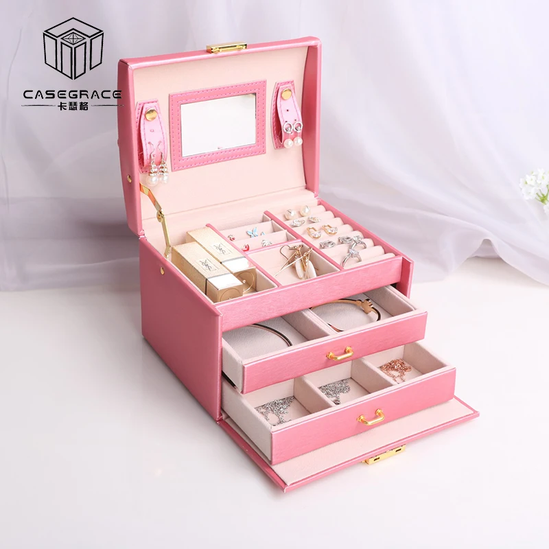 

Casegrace exquisite jewelry packaging box for women leather 3 drawers makeup box necklace storage boxes bins containers 01111