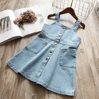 

2019 Spring And Summer Girls Fashion Strap Single-Breasted Dress Denim Dress Up Costume For Kids Children'S Clothing