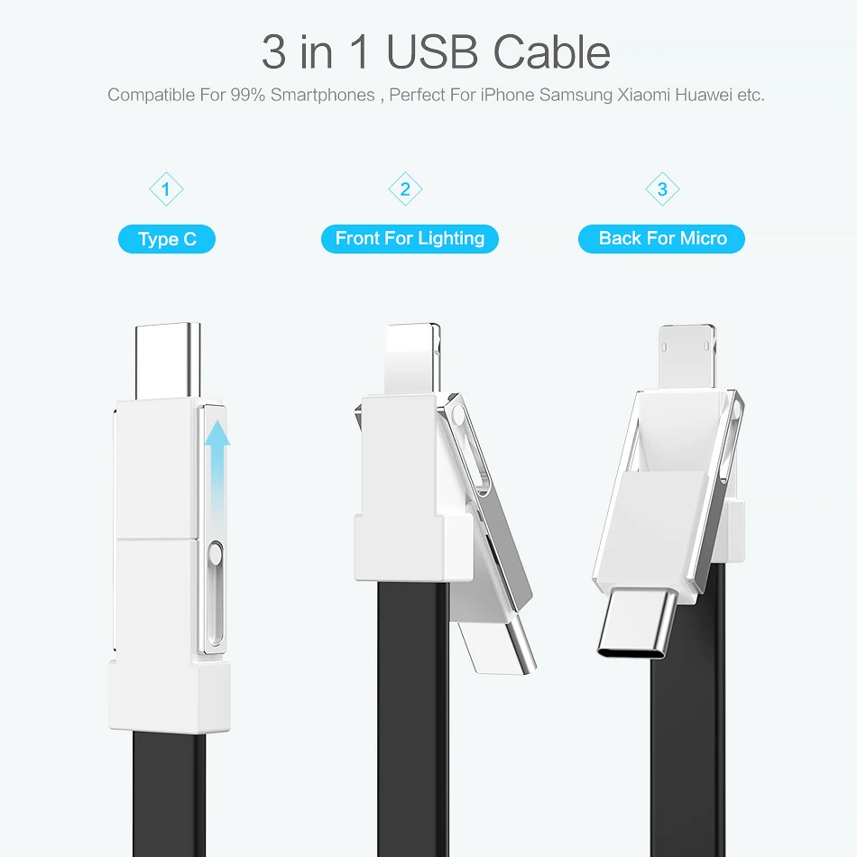 Многофункциональный 3 в 1 USB кабель для iPhone/Type C/Micro зарядки брелок портативное
