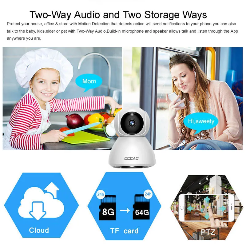 GCCAC IP WiFi Camera 1080P Wireless Smart Cam Home Security Surveillance PTZ Motion Wi Fi Monitor TF Card IPcam Wi-Fi Camera 2MP