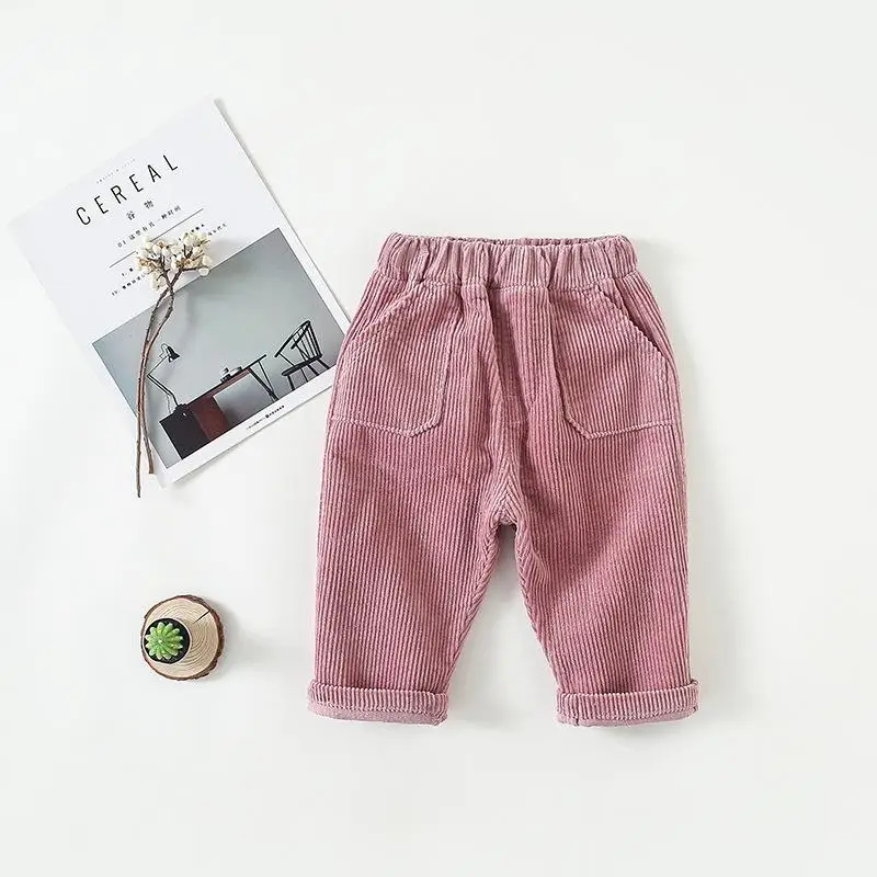 Корейские однотонные вельветовые брюки для маленьких мальчиков и девочек осенние Хлопковые Штаны для маленьких девочек свободные детские штаны-шаровары - Цвет: Розовый