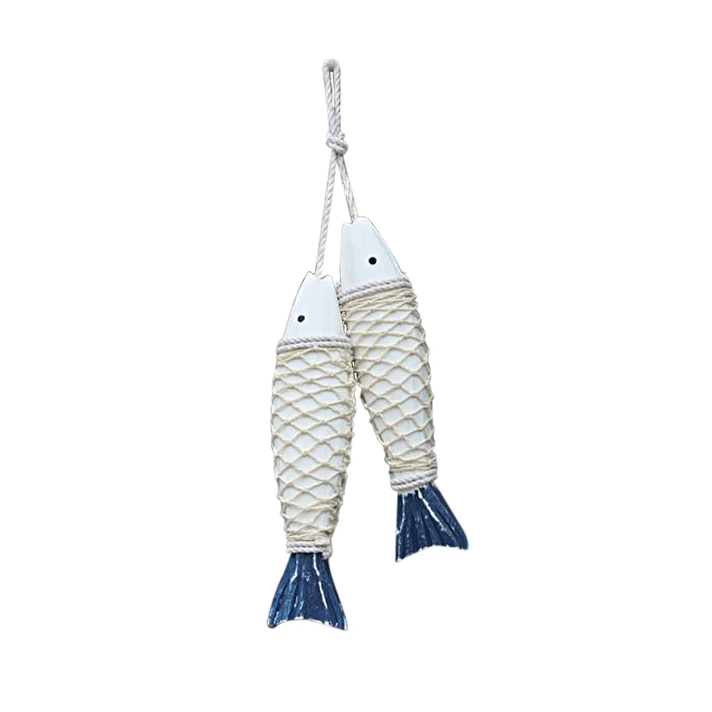 2pcs Mediterranean Hand Carved Wood Marine Fish Rope Craft Hanging Decor Bedroom Wall Artwork Decor 