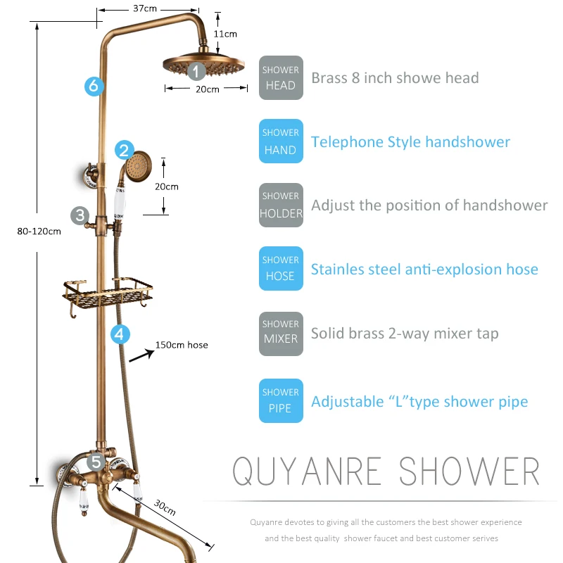 Quyanre Античная латунный смеситель набор 8 ''осадков душ товар Полка двойной ручкой смеситель для душа вращающийся кран для ванны для ванной душ