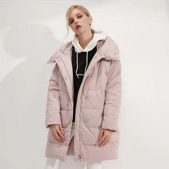 

YNZZU Elegant Women's Down Jacket 2019 Winter Pink Mid-Long Duck Down Coat Thick Warm Hooded Loose Jacket Women Parka AO757