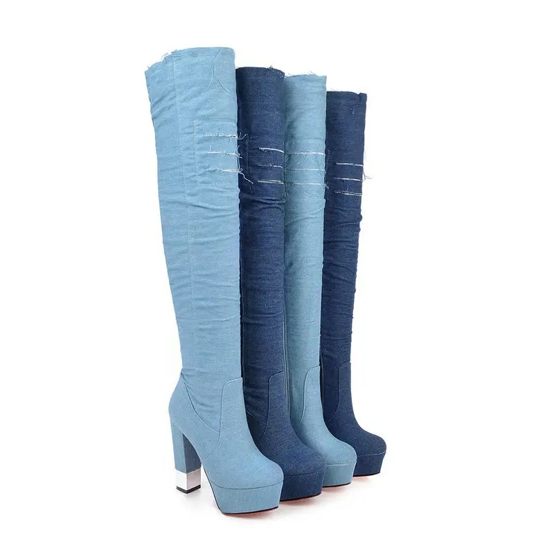 Женские синие джинсовые ботинки; ботфорты; коллекция года; женская обувь до колена на высоком каблуке; джинсовые ботинки с бахромой; большой размер 43