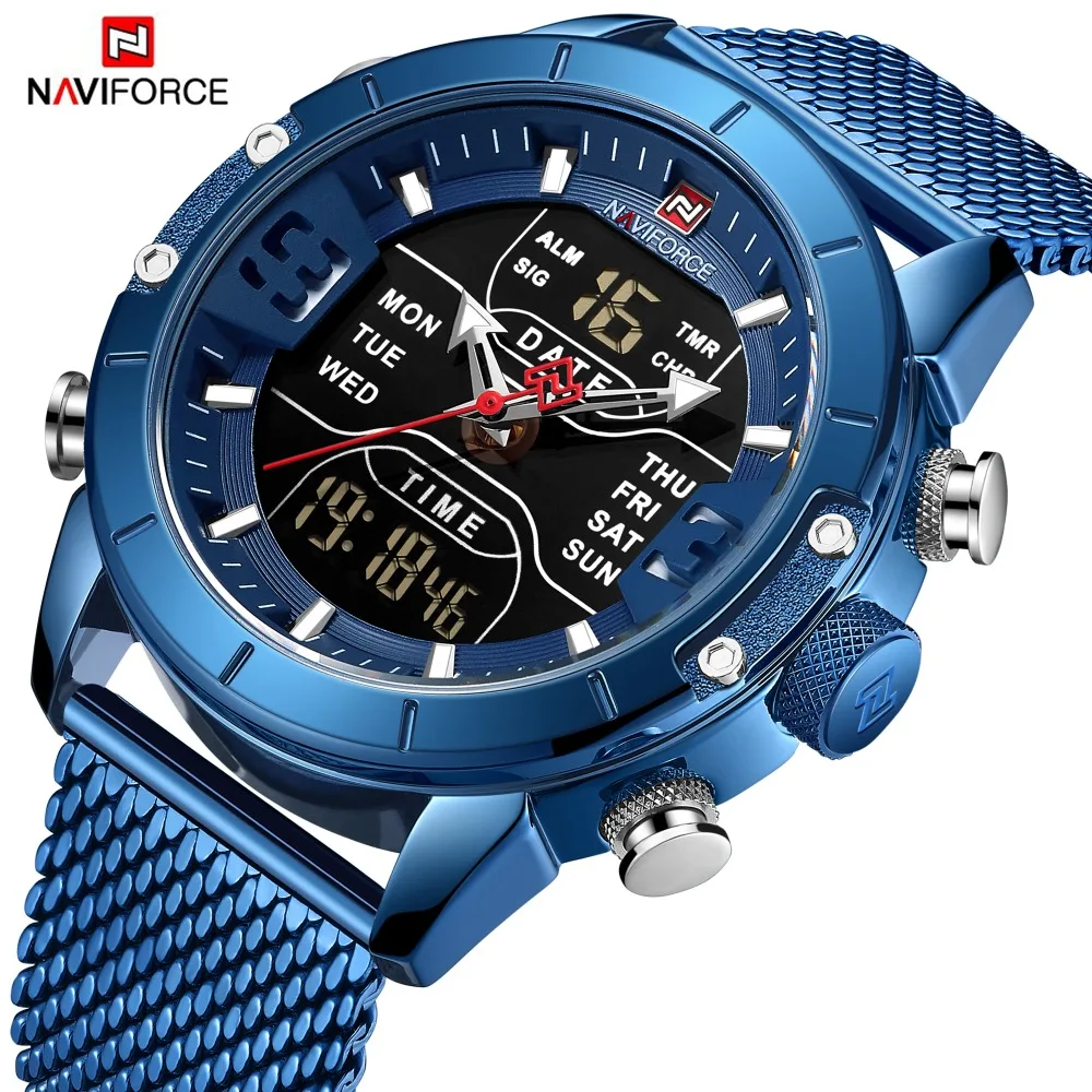 NAVIFORCE Mens Watches Top Brand Luxury Sport Watch Men Mesh Strap 30M Waterproof Miliary Dual Display Wrist Watch Clock Blue