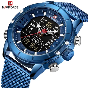 NAVIFORCE męskie zegarki Top marka luksusowy sportowy zegarek mężczyźni siateczkowy pasek 30M wodoodporny Miliary podwójny cyfrowy zegarek na rękę zegar niebieski tanie i dobre opinie 24 5cm Podwójne wyświetlanie QUARTZ 3Bar Klamra z haczykiem CN (pochodzenie) STAINLESS STEEL 15mm Hardlex Papier 45mm