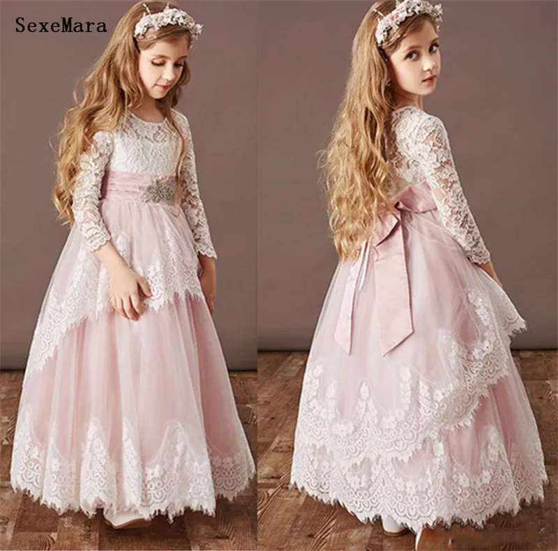 Leuke Roze Tule Bloem Meisjes Jurken Wit Kant Eerste Communie Jurken Lange Mouwen Meisjes Pageant Jurken Met Boog Custom Made Leuke Roze Tule Bloem Meisjes Jurken Wit Kant Eerste Communie Jurken Lange Mouwen Meisjes Pageant Jurken Met Boog Custom Made