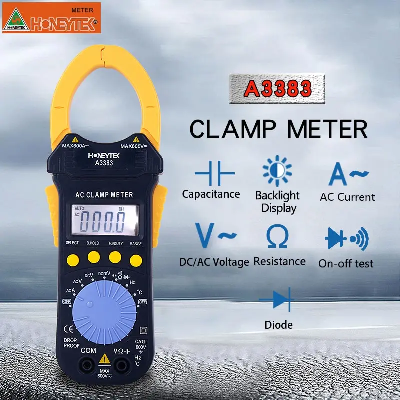 HONEYTEK портативный цифровой мультиметр-зажим 1000A ACA/DCA метр тест er может тест Ом FREQ подсветка AC/DC Амперметр Ручной ЖК-дисплей - Цвет: A3383