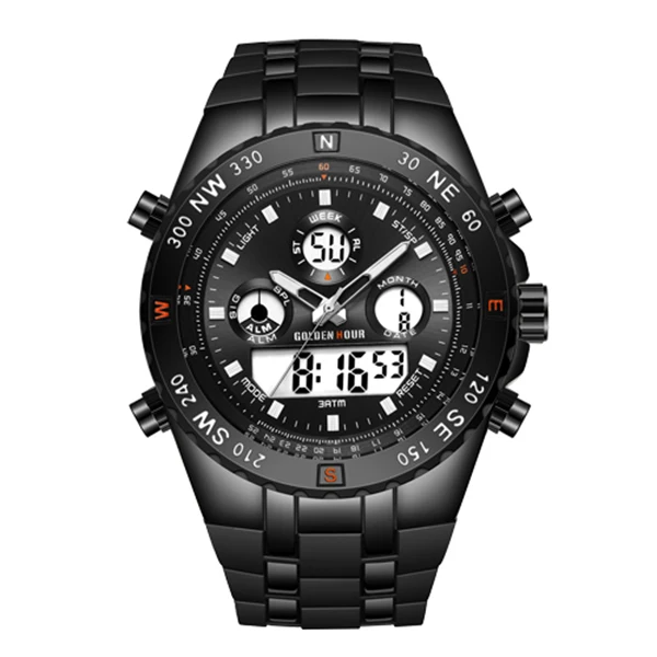 Бренд GOLDENHOUR, мужские спортивные часы, мужские кварцевые Многофункциональные военные часы, аналоговые цифровые водонепроницаемые силиконовые наручные часы - Цвет: All black
