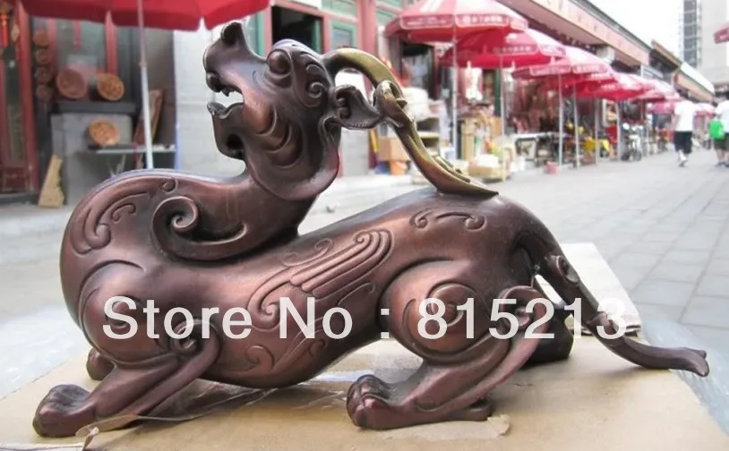 

bi00169 Chinese Royal Red Bronze Copper Evil Fu Foo Dogs Lion Brave troops beast Statue