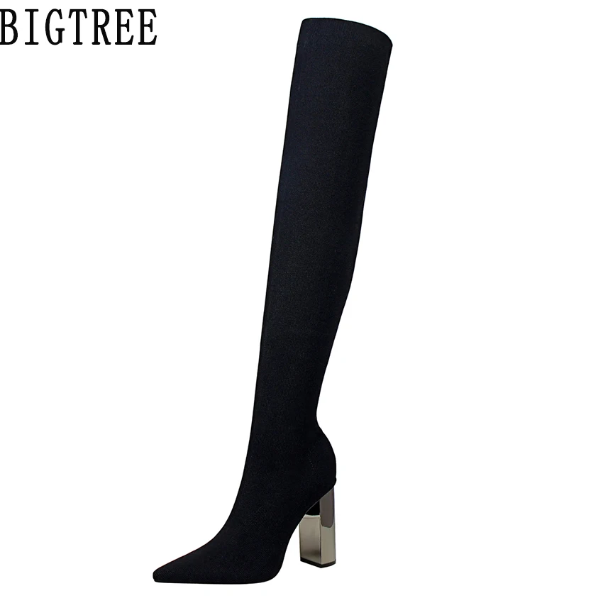 

BIGTREE Women Over The Knee Thigh High Boots Stretch Knitting Boots Slim Fit Long Boots Metallic High Heel Thick Block Heels