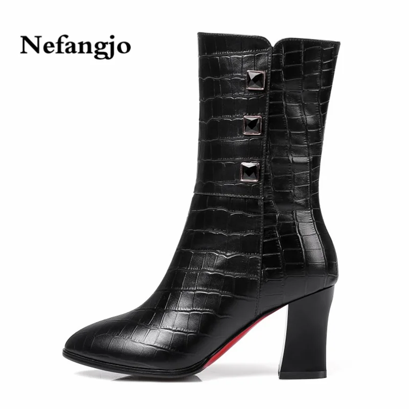 

Nefangjo 2018 New Mid - cylinder Head Thick High - heeled Half Boots Embossed Cow Boots in Female Fleece in Autumn and Winter