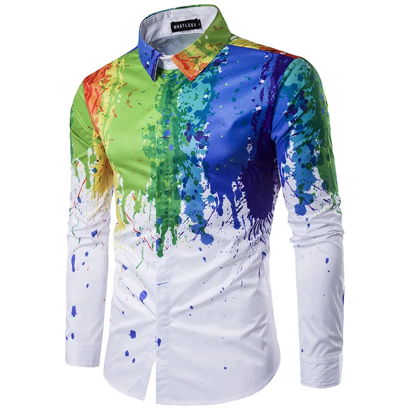 ouxiuli Mens Long Sleeve Geek Psychedelic Splash-Ink Printed Slim Fit Dress Shirts