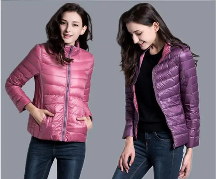 Зимний пуховик на утином пуху куртки женские пальто парка ультра легкие пуховые куртки двусторонней ткани возможность носить на обе стороны Для женщин куртка зимнее пальто, парки - Цвет: Розовый