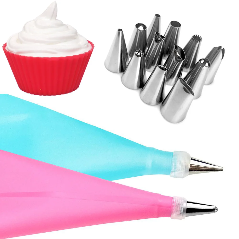 

14 PCS/set Silicone DIY Icing Piping Cream Pastry Bags +12 Nozzle Sets Cake Decorating Tool