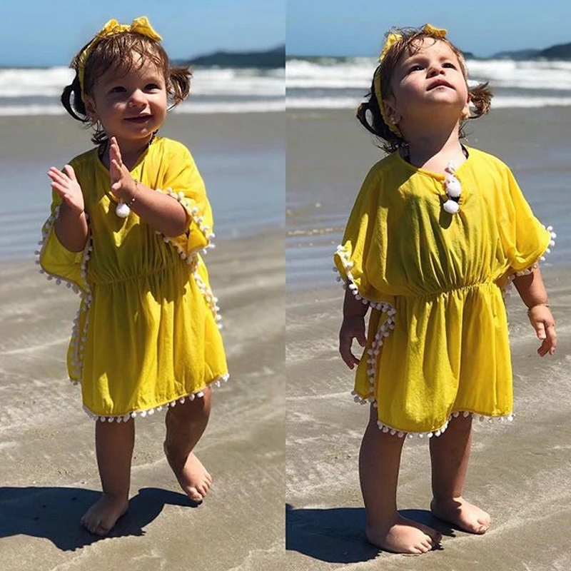 Детское пляжное платье Новинка года, летнее платье для маленьких девочек пляжный сарафан с закрытой пяткой платья с бахромой и цветочным рисунком желтая, розовая купальная одежда с кисточками