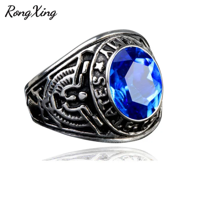 RongXing Vintage Round Stone Blue/Red/Green Birthstone Rings For Men Women Antique Silver Color ...