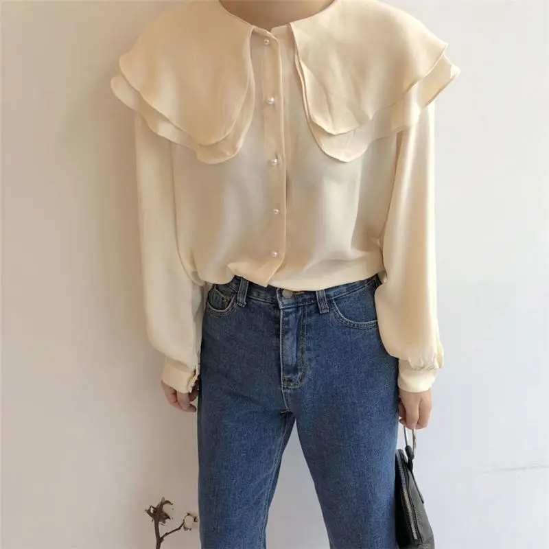  HziriP 2019 Spring Autumn Retro Solid Women Casual Long Sleeve Slim Peter Pan Collar Fashion Loose 