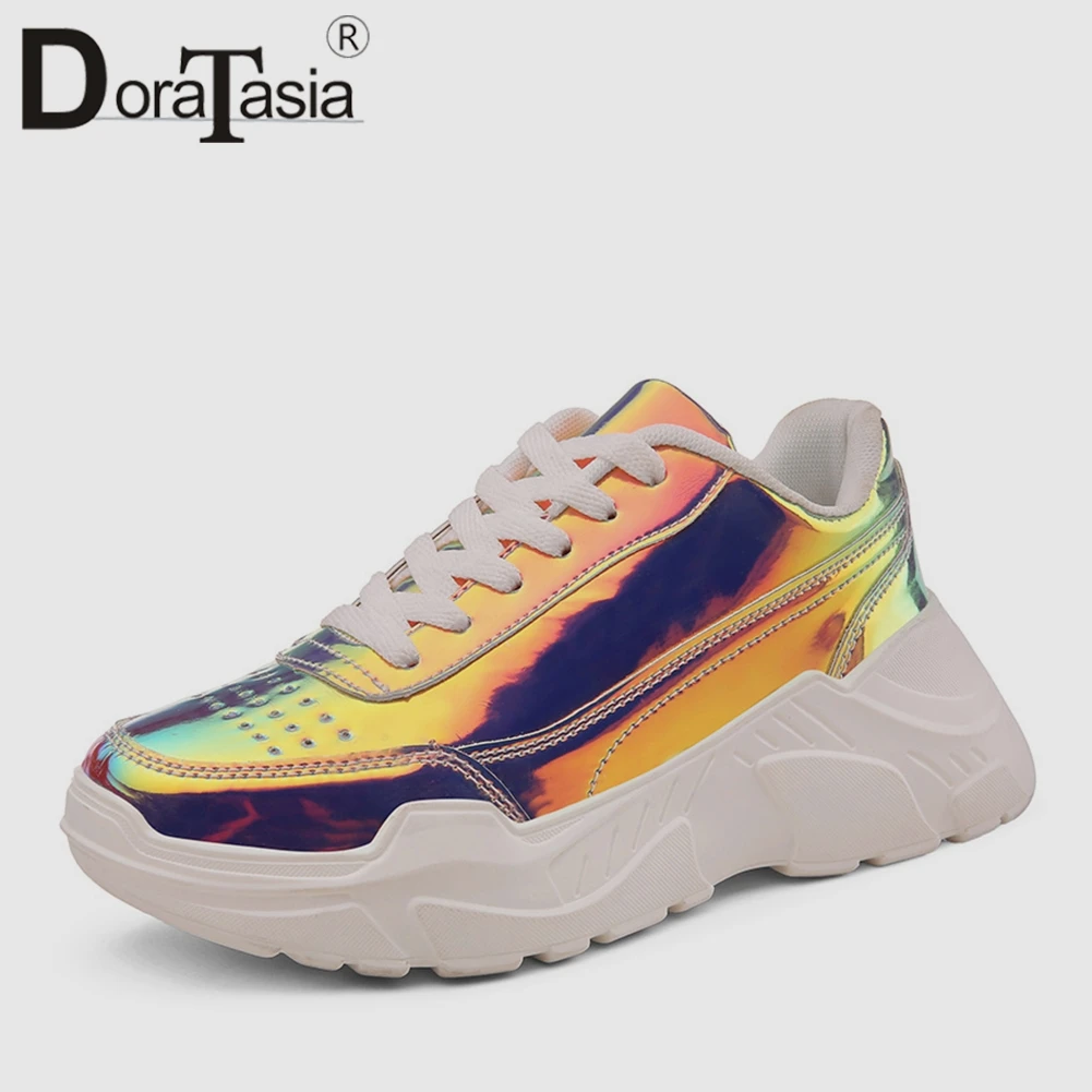 

DORATASIA New INS Hot Metalic Gold Platform Sneakers Women 2019 Autumn Fashion Flat lace-up Dad Shoes Women Wedges Shoes Woman