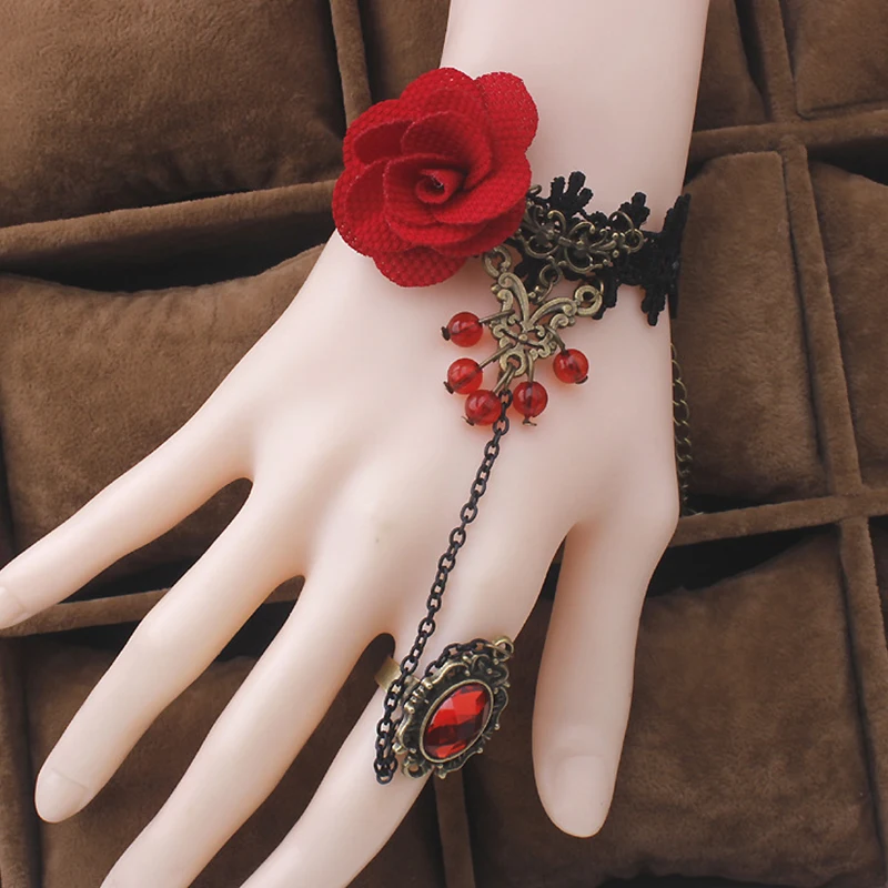 Lace Bracelet Fashion jewelry red rose flower temperament of crystal lace bracelet with ring one opisthenar jewelry Jewelry crystal bracelets
