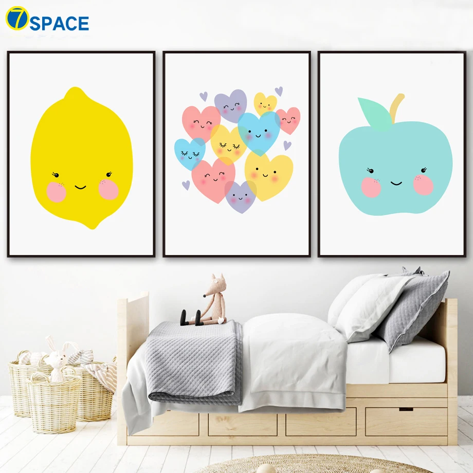 

Cartoon Lemon Apple Heart Posters And Prints Canvas Painting Nordic Poster Wall Art Print Wall Pictures Kids Room Home Decor