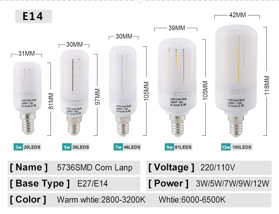 5736SMD светодиодный светильник-Кукуруза E27 E14 лампы 3 Вт 5 Вт 7 Вт 9 Вт 12 Вт Точечный светильник 220 В 110 В люстра светильник-свеча яркий, чем 5730SMD светодиодный s