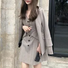 Винтажный английский стиль, платье, костюмы для женщин, клетчатая куртка, пальто, Ретро стиль, тонкое мини-платье, повседневное, офисное, для леди, OL, рабочая одежда для женщин, Vestido