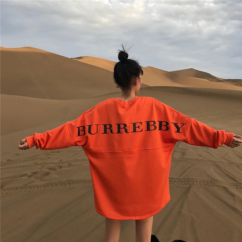 Весна Осень порт ветры ins оранжевый свитер женский корейская версия Harajuku bf свободная футболка с длинными рукавами женская а93