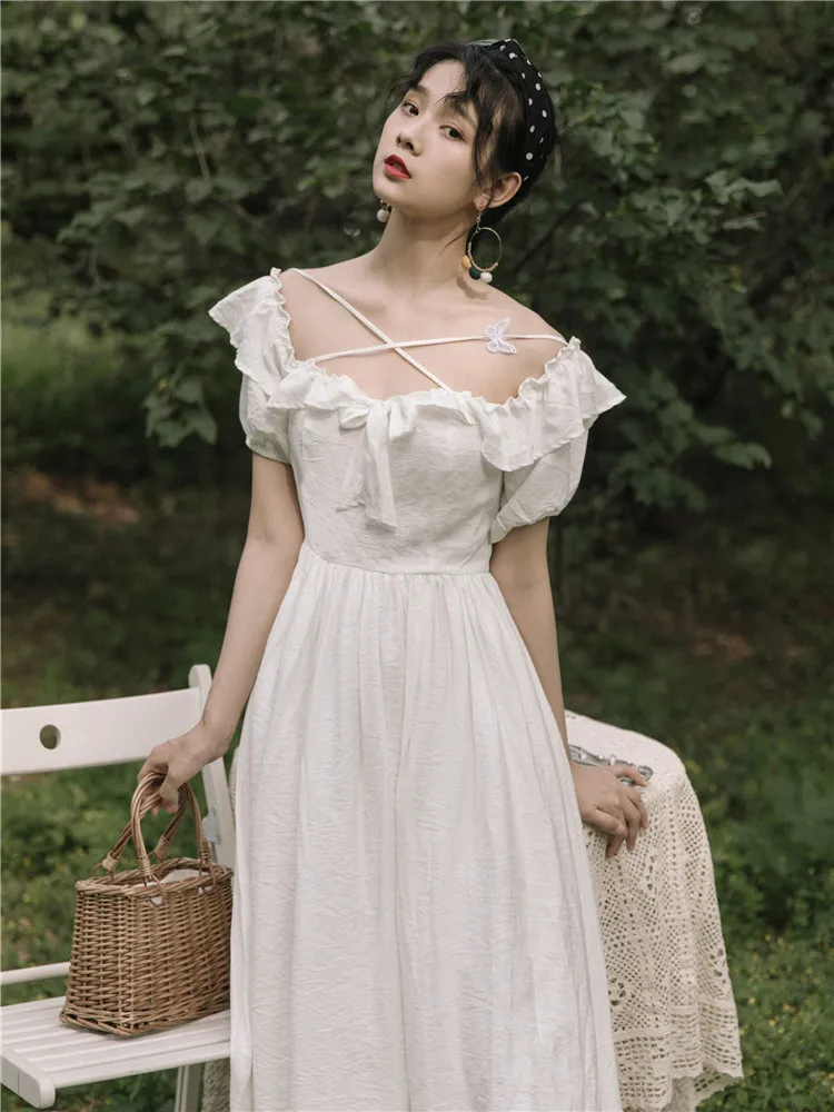 Ubei Summer very fairy French square collar retro temperament girl white dress women fashion high waist long dress