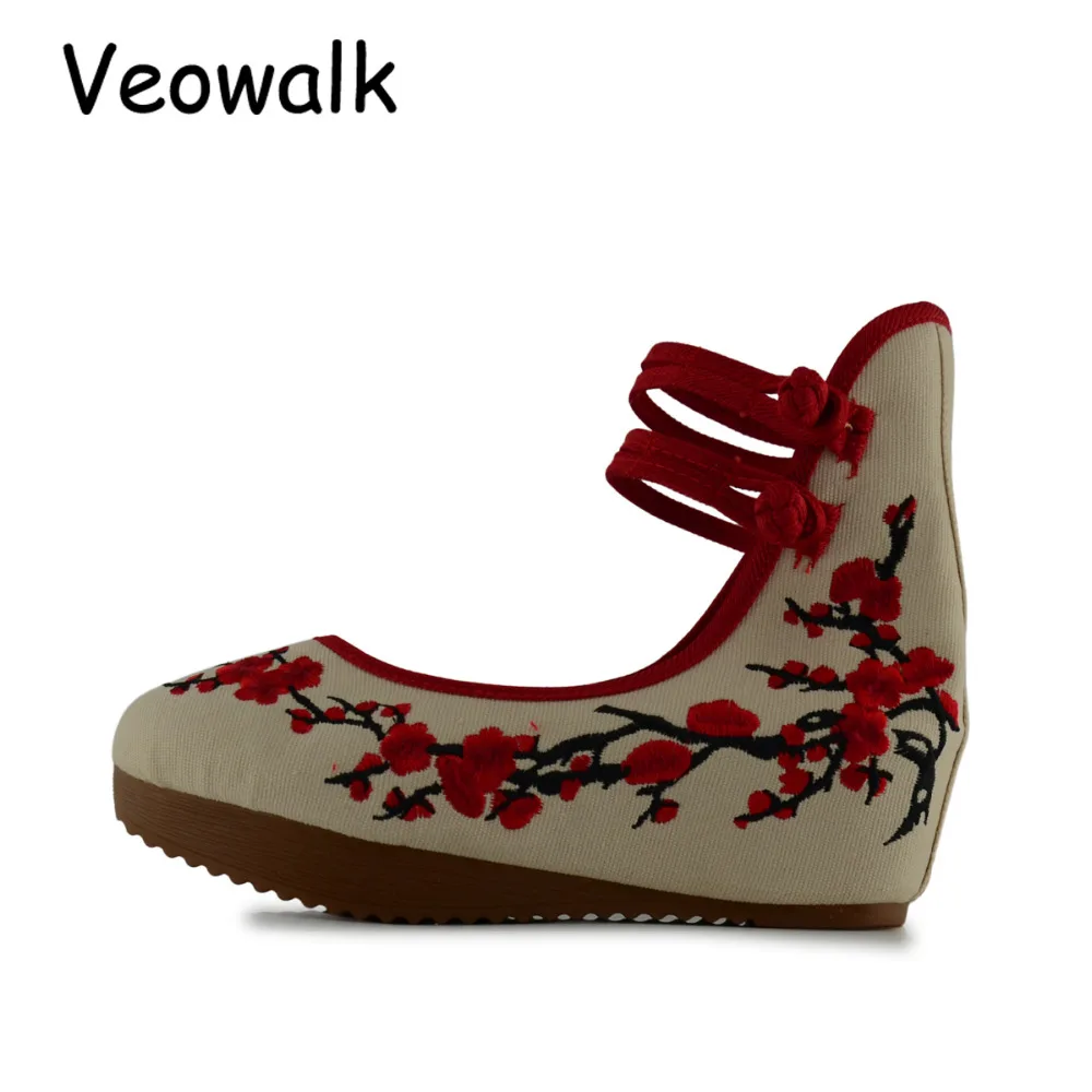 Bordado negro azul Planas Mujer Damas Flor Lona Chino Algodón Negro Nuevo Mujeres Zapatos Plataformas Ciruela Estilo Beige Veowalk T1pvOq7aw