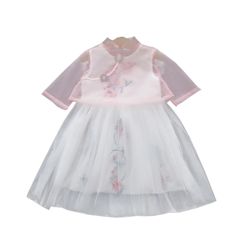 Для маленьких девочек с вышивкой; Персиковое платье с орнаментом из цветов лето детское платье принцессы в западном стиле Стиль Hanfu шаль ассиметричная юбка