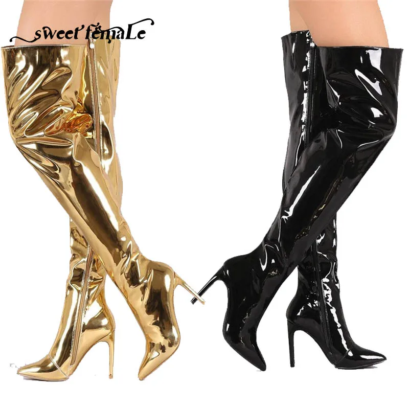 over the knee black leather high heel boots
