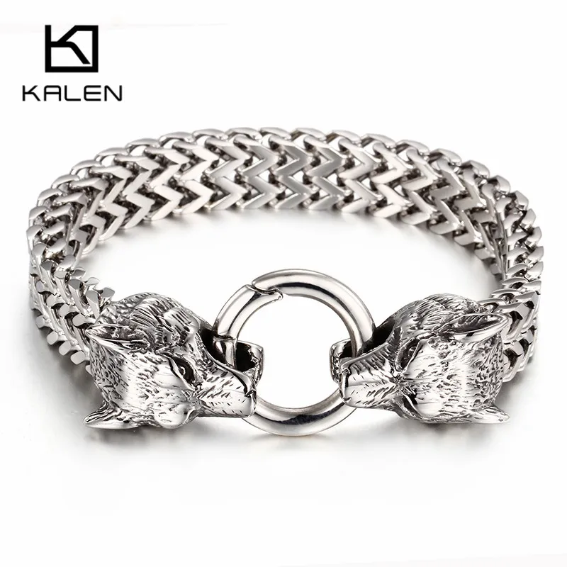 Baratos Brazalete con colgante de lobo vikingo de roca de calen, pulsera de acero inoxidable para hombre, cadena de malla de 20,5 cm y 22,5 cm, pulseras Punk de lobo dorado