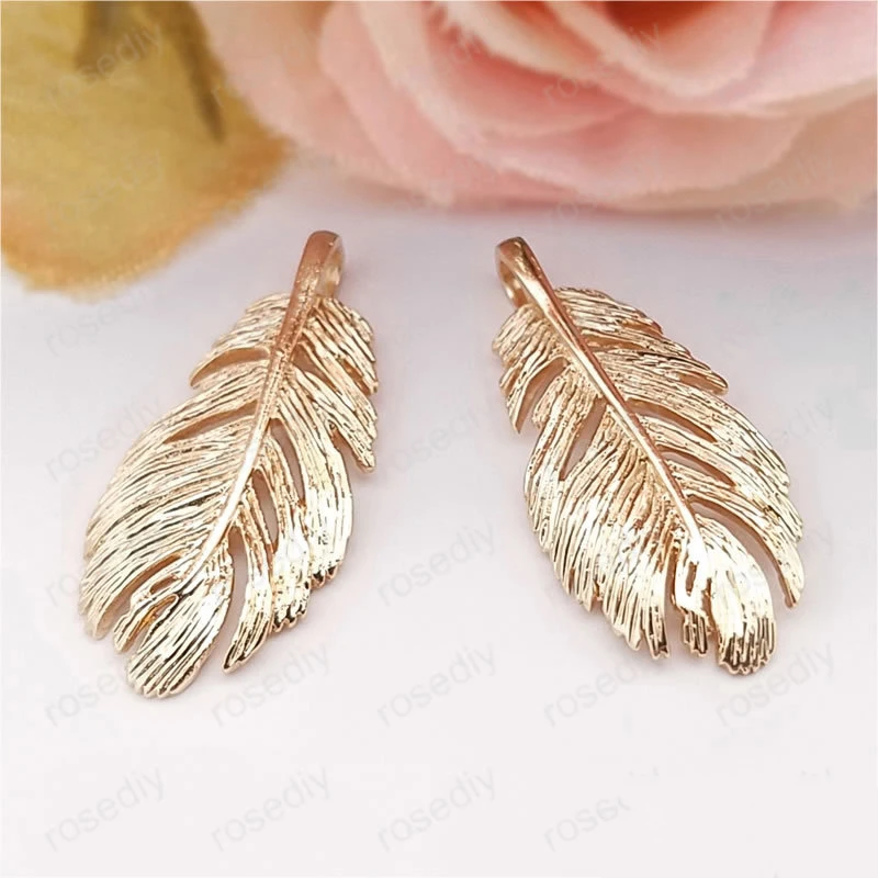 

6PCS 29x13MM 24K Champagne Gold Color Plated Brass Feather Charms Pendants High Quality Diy Jewelry Accessories
