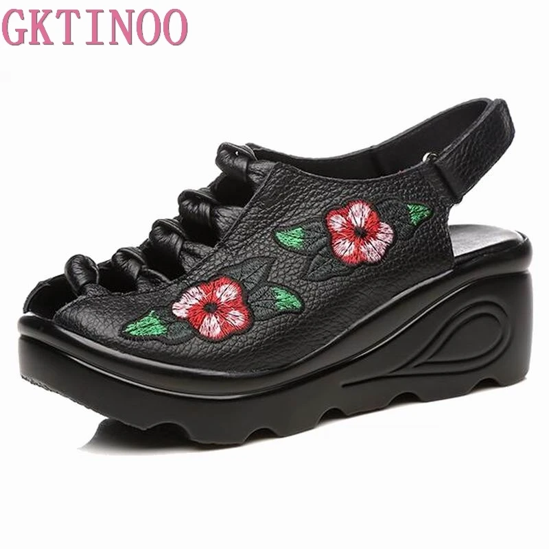 GKTINOO Genuine Leather Shoes Summer Women Sandals 2019 Elegant Comfortable Women Shoes Fashion Sandals Platform Wedges Sandals