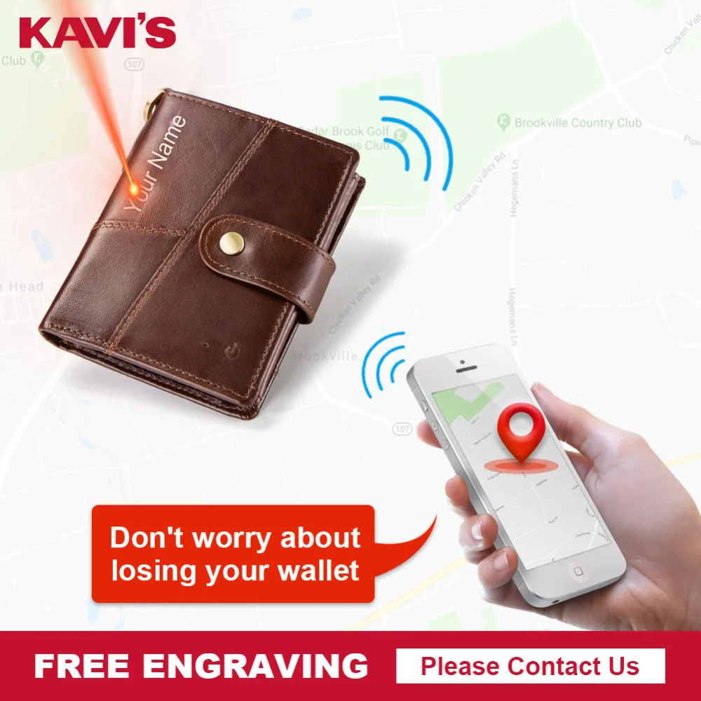 

KAVIS Smart Genuine Leather Wallet Anti Lost Intelligent Men Wallets Genuine Leather Hasp Design Trifold Male Walet Card Holder
