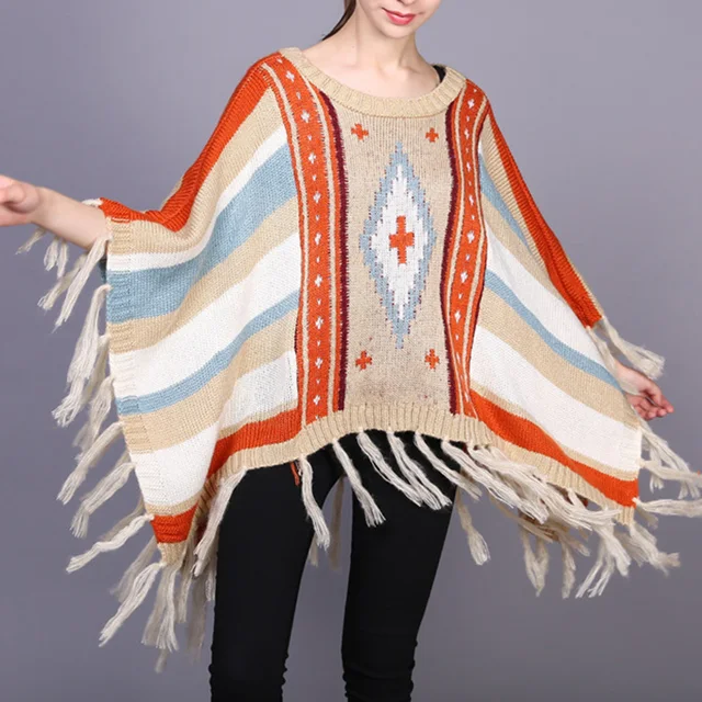 Disc DSQUAENHD Fashion Tassel Loose Ponchos and Capes for Women 2019 Winter Warm Cloak Hood Multicolor Stripes Geometry Tops Capes