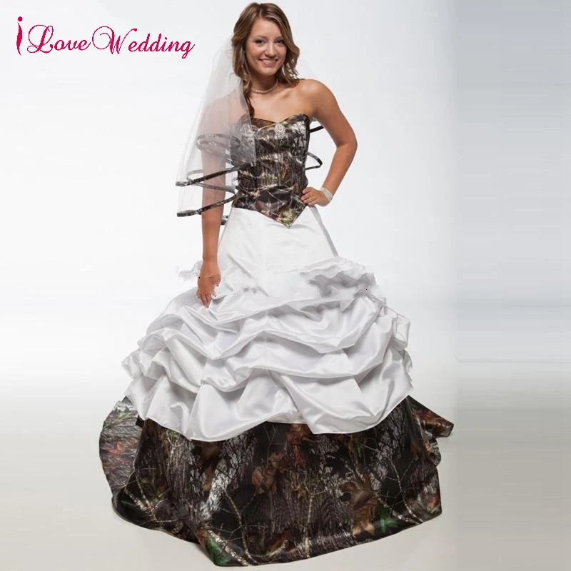 ILoveWedding 2018 плюс Размеры Camo Свадебные платья Милая Молния сзади Съемная Поезд оборками атласная бальное платье свадебные туфли