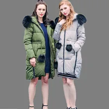 Зеленые парка пальто с меховым капюшоном Зима Женщин вниз куртки сгущает Белая Утка Вниз Пальто Большой Воротник Для Женщин Slim шуба