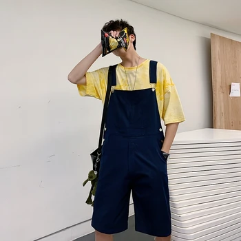 

Multicolor Fashion Short Bib Pants Trend Wild Mens Loose Jumpsuits Youthful Handsome Overalls Size S-XL