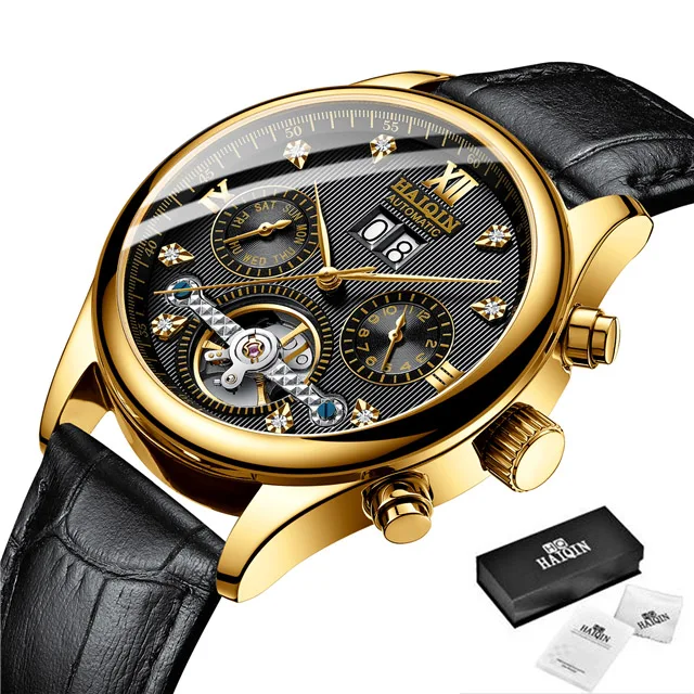 HAIQIN Men's Watches Top Brand Luxury Business Machinery Sport Wristwatch Mens Waterproof Tourbillon Clock Relogio Masculino - Цвет: L-Gold black